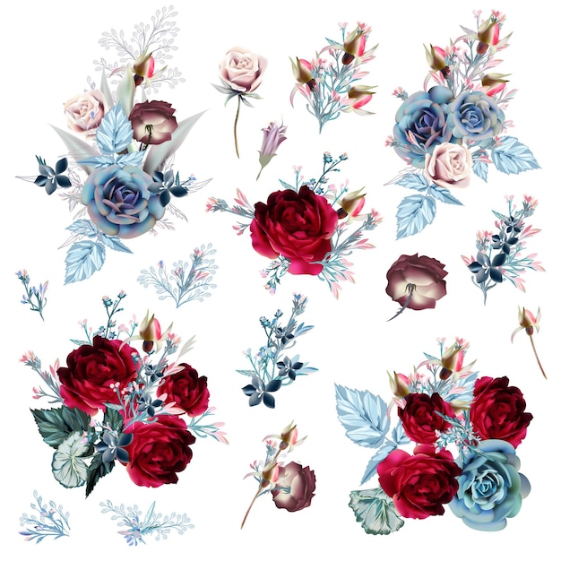 Colección de composiciones de flores rosas vectoriales en estilo vintage para invitaciones de tarjetas