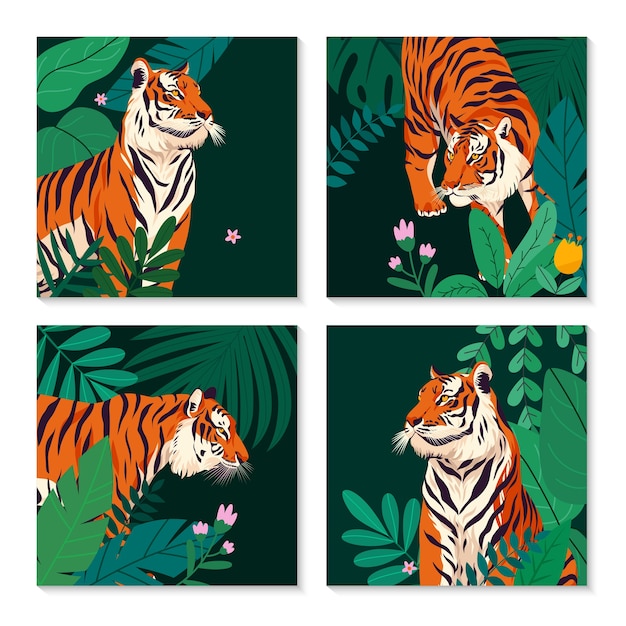Colección de composiciones de tigres dibujadas a mano