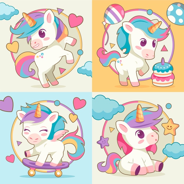Colección de composiciones de unicornio dibujadas a mano