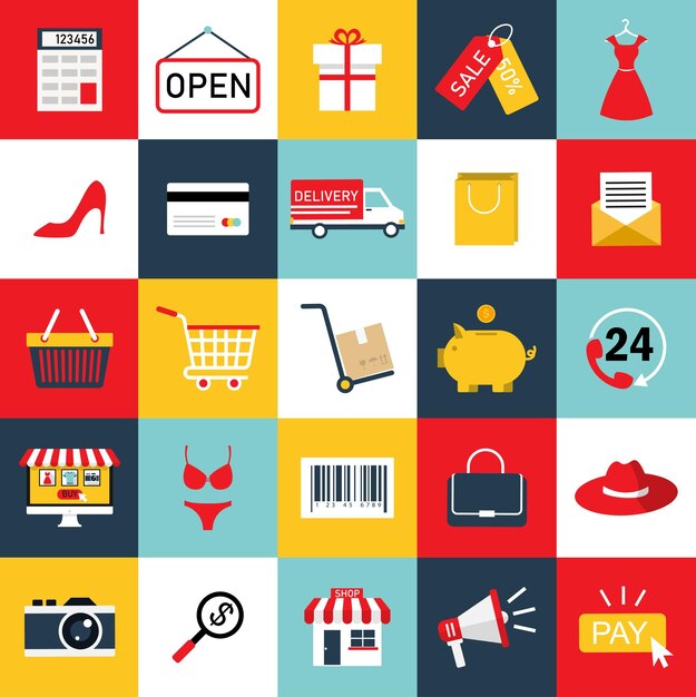 Colección de compras en línea iconos planos estilo de ilustración vectorial diseño moderno comercio electrónico