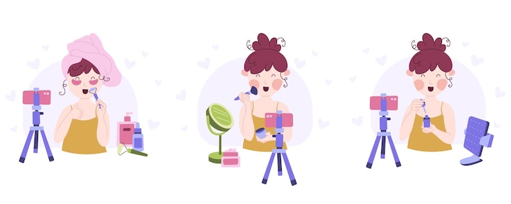 Vector colección de conceptos de blogs de belleza grabación de videos tutoriales de maquillaje y revisión de cosméticos conjunto de ilustraciones planas de dibujos animados vectoriales