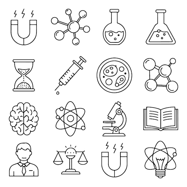 Colección de conceptos de ciencia e investigación íconos de arte de líneas simples