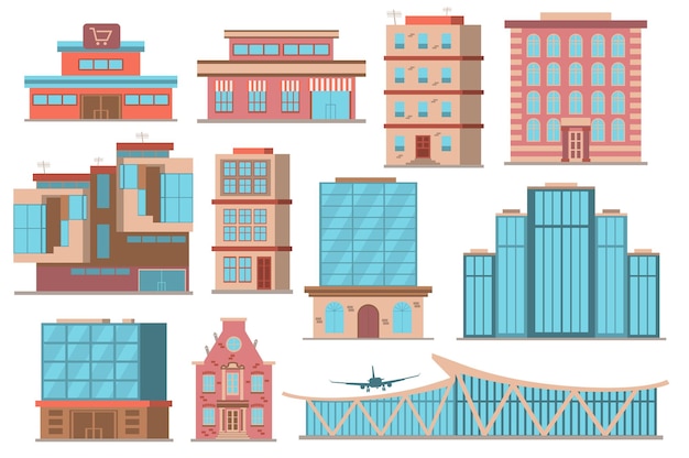 Colección de conceptos de edificios de la ciudad en diseño de dibujos animados planos Diferentes tipos de edificios privados o