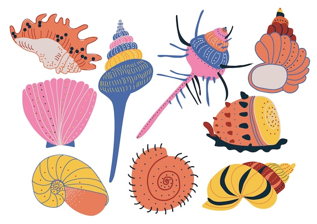 Colección de conchas marinas coloridas conchas y criaturas submarinas tropicales ilustración vectorial sobre fondo blanco