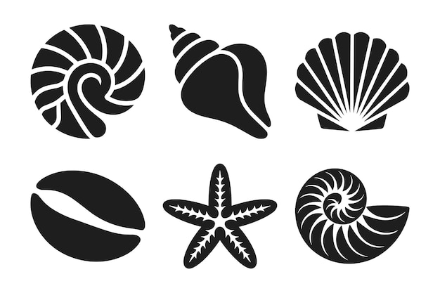 Colección de conchas marinas y siluetas de estrellas de mar Set de vectores de vida marina