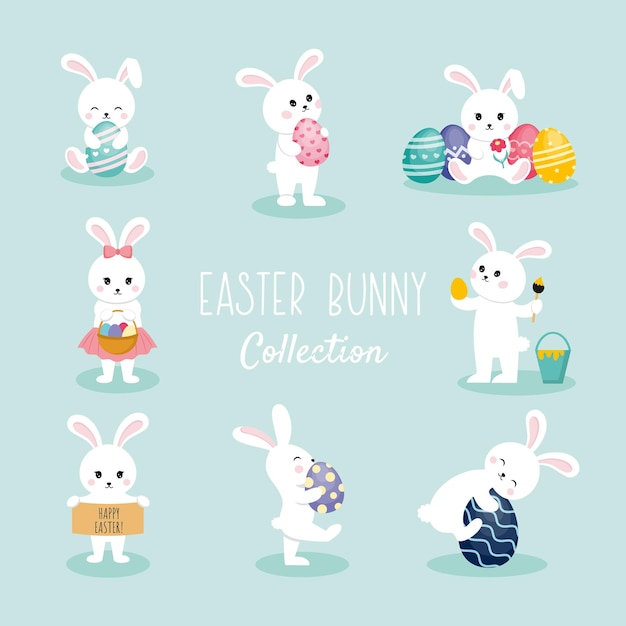 Colección de conejito de Pascua. Vector con lindos conejitos y huevos de Pascua. Ilustración para las vacaciones de Pascua. Elementos para el diseño de postales, carteles y pegatinas