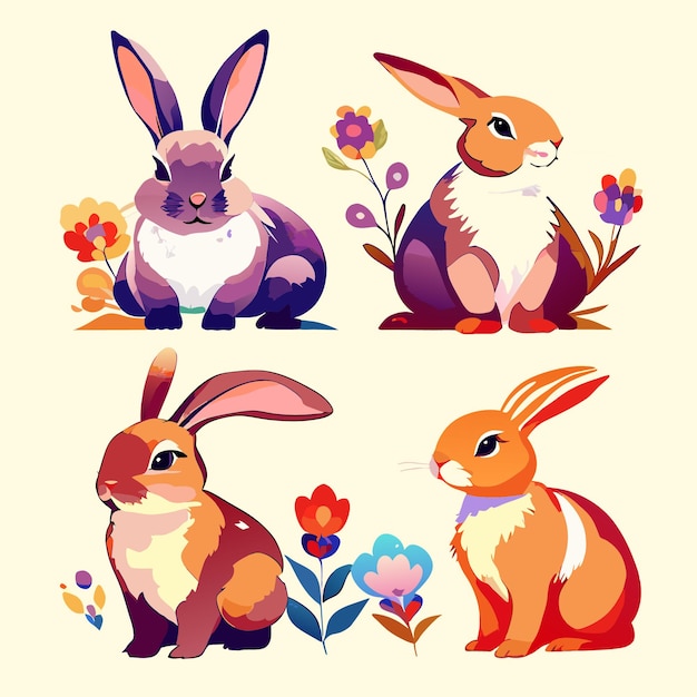 Colección de conejitos de Pascua en acuarela, arte vectorial plano