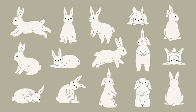 Colección de conejos lindos Iconos de liebres Doodle con diferentes expresiones corriendo animales salvajes