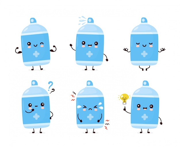 Colección de conjunto de botella de spray antiséptico sonriente feliz lindo.