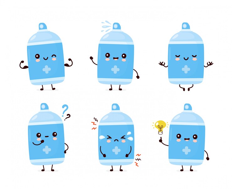 Vector colección de conjunto de botella de spray antiséptico sonriente feliz lindo.