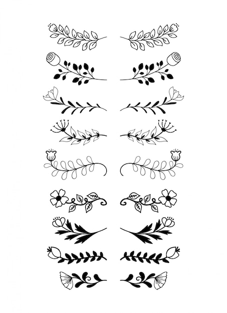 Colección de conjunto de elementos de fronteras dibujadas a mano, vector de ornamento floral remolino