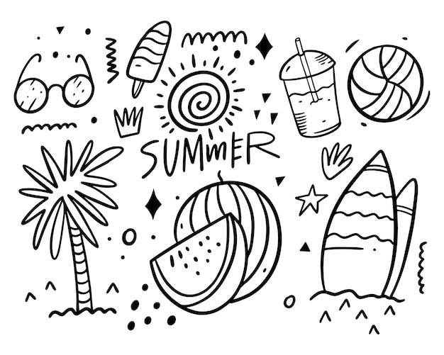 Colección de conjunto de garabatos de verano. Palmera, vasos, acceso al surf, bebida, pelota, helado y sol.
