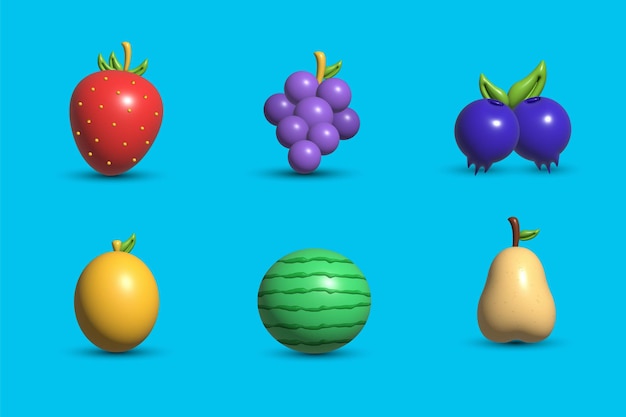 Vector colección de conjunto de iconos de frutas 3d con fondo azul