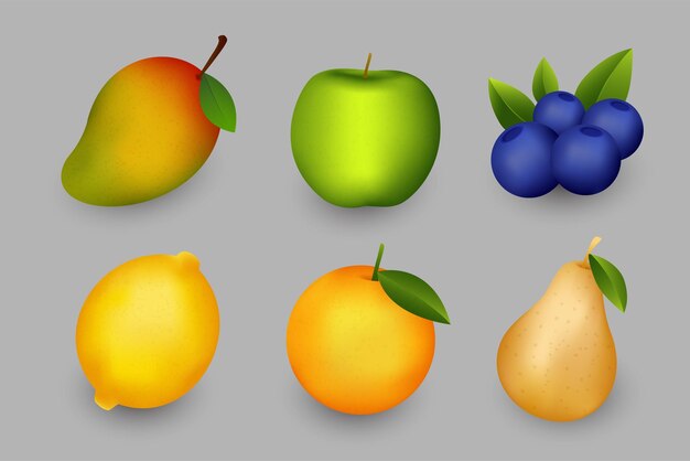 Colección de conjunto de iconos de frutas realistas