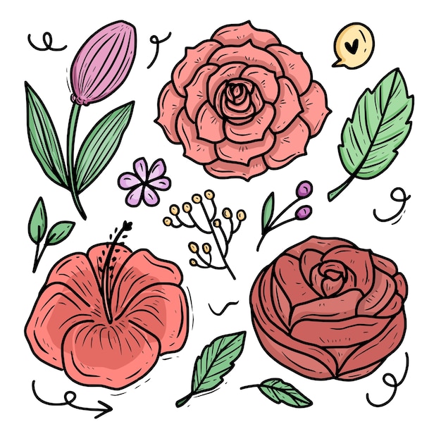Colección de conjunto de ilustración de vector de dibujos animados de adorno de flor rosa