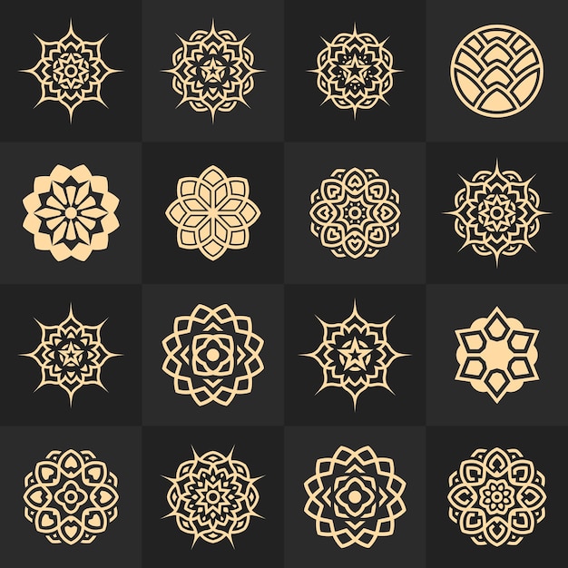 Colección de conjunto de logotipos de mandala real con color dorado en estilo lineal moderno