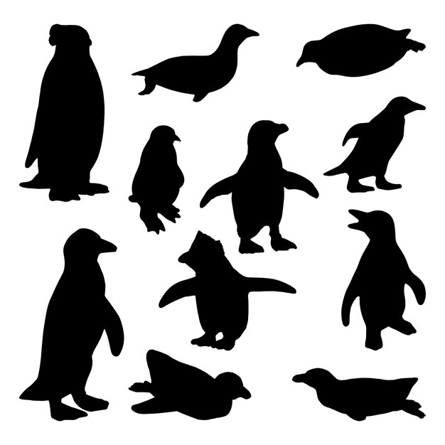 Colección de conjunto de silueta de pingüino aislado negro sobre fondo blanco ilustración vectorial