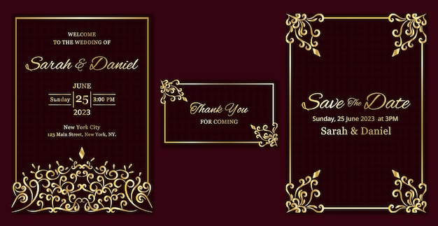 Vector colección de conjunto de tarjetas de invitación de compromiso de boda de lujo elegante hermoso clásico burdeos y oro