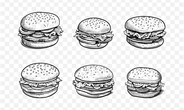 Colección de conjunto de vectores de dibujo de doodle de contorno de hamburguesa