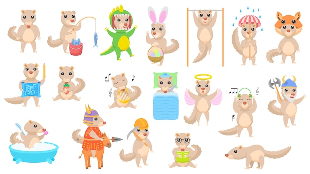 Colección de conjuntos abstractos dibujos animados planos Diferentes animales Tupaia Estilo de diseño vectorial Elementos Fauna