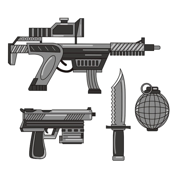 Vector colección de conjuntos de armas futuristas ilustración de logotipo de línea plana de dibujos animados vectoriales