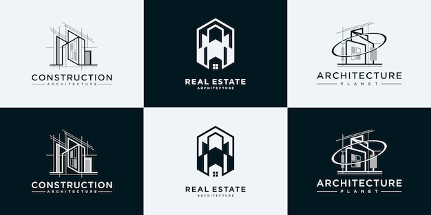 Colección de conjuntos de arquitectura de edificios, inspiración para el diseño de logotipos inmobiliarios.