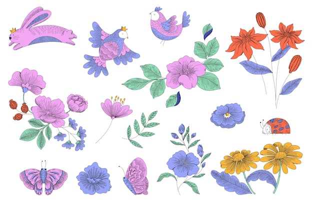 Colección de conjuntos de elementos de grabado floral dibujados a mano