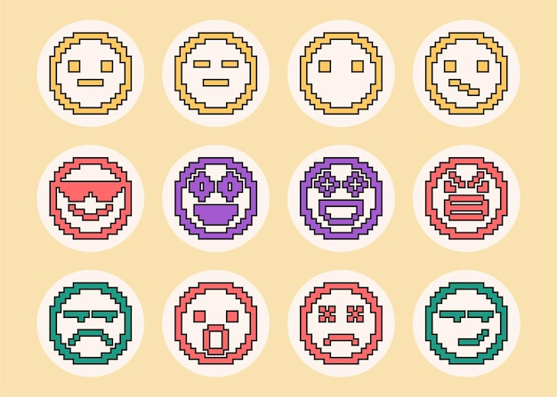 Vector colección de conjuntos de emoji retro vectoriales de 8 bits