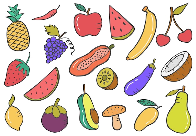 Vector colección de conjuntos de frutas doodle colecciones de conjuntos dibujados a mano con ilustración de vector de estilo de contorno plano