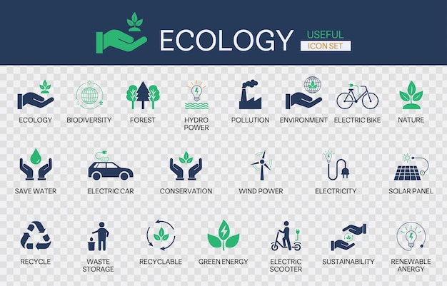 Colección de conjuntos de iconos de ecología útiles e ilustración de arte vectorial en fondo transparente