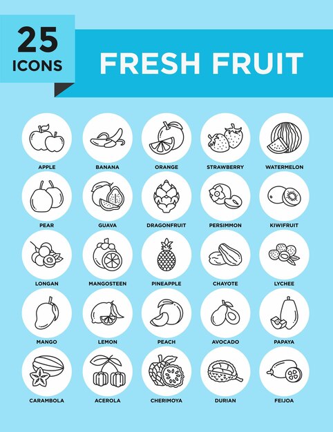 Colección de conjuntos de iconos de frutas frescas