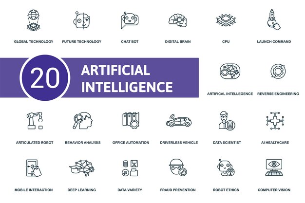 La colección de conjuntos de iconos de inteligencia artificial contiene digital