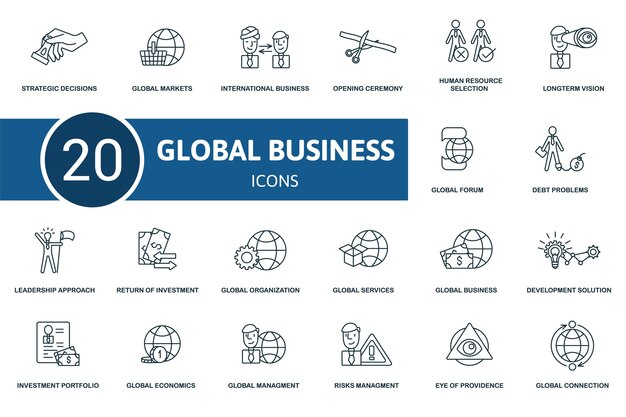 La colección de conjuntos de iconos de negocios globales contiene global