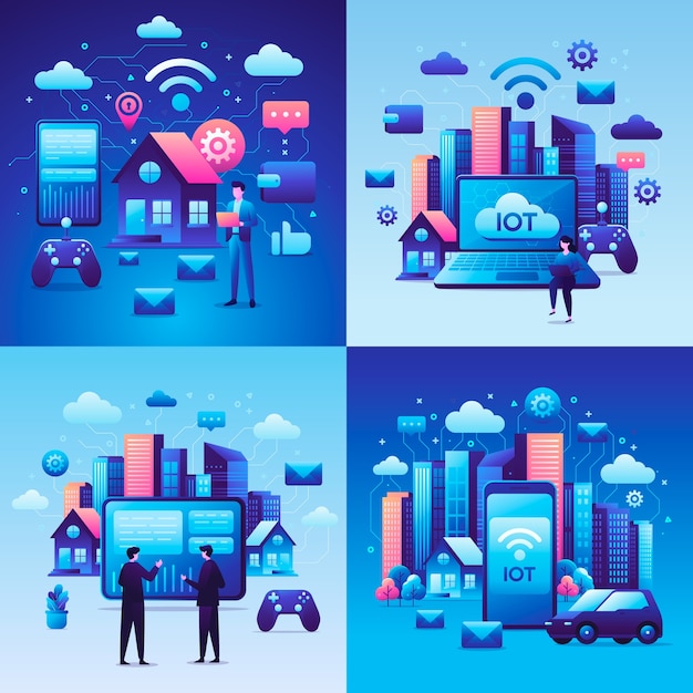 Vector colección de conjuntos de ilustraciones de gradient iot con personas y grandes dispositivos en el paisaje urbano