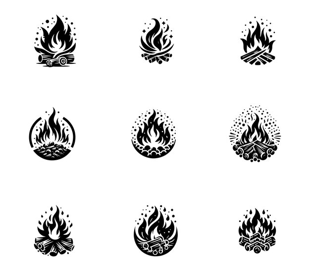 Colección de conjuntos de logotipos Vector fire ember Logotipo de símbolo de fuego ardiente plantilla de logotipo de fogata Conjunto de iconos