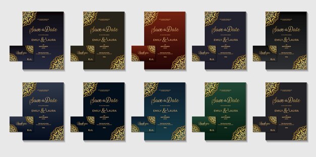 Colección de conjuntos de paquetes orientales elementos dorados diseño de tarjeta de invitación de boda real de lujo elegante geométrico con tarjeta de volante de variaciones de color