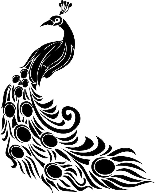 Colección de conjuntos de siluetas de patrón de pavo real aislados en negro sobre fondo blanco Ilustración vectorial