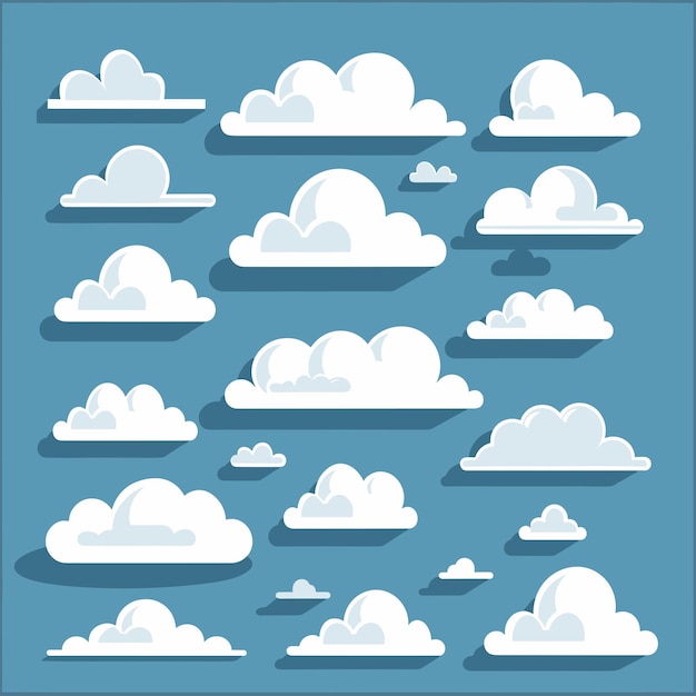 Colección de conjuntos vectoriales de ilustraciones de nubes de nubes en fondo de cielo azul