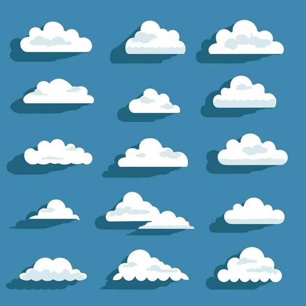 Colección de conjuntos vectoriales de ilustraciones de nubes de nubes en fondo de cielo azul