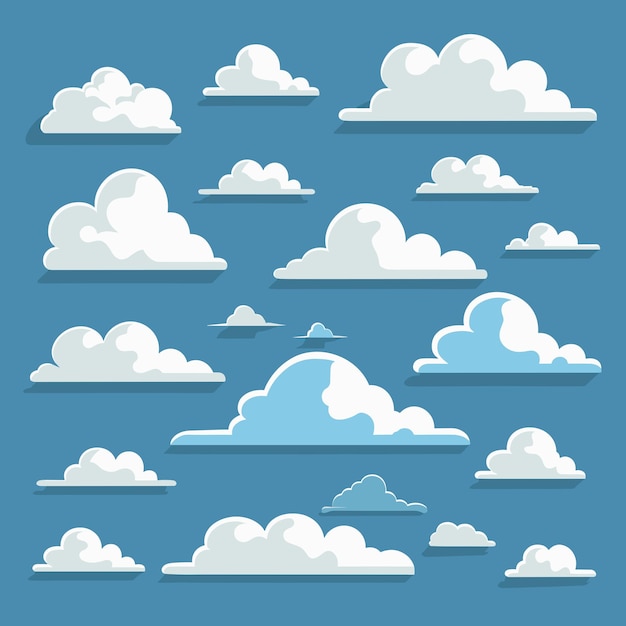 Colección de conjuntos vectoriales de ilustraciones de nubes de nubes en fondo de cielo azul