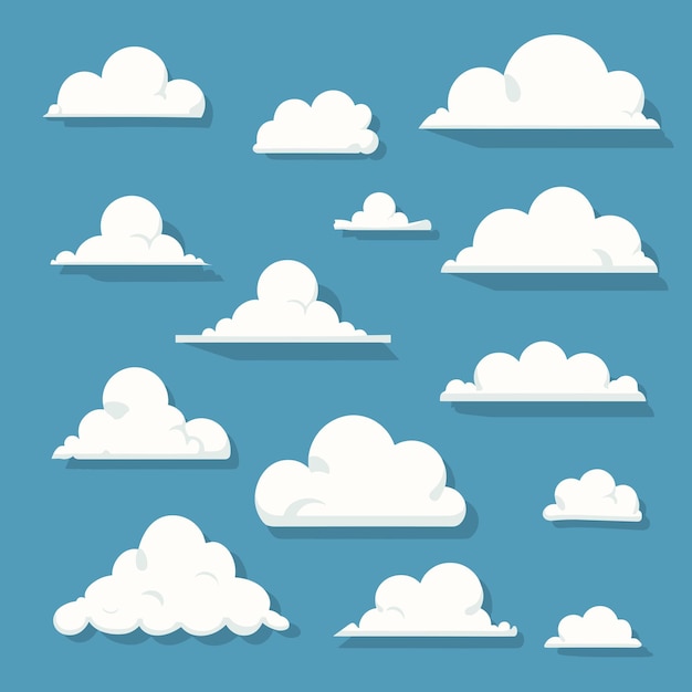 Colección de conjuntos vectoriales de ilustraciones de nubes de nubes en fondo de cielo azul