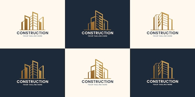 Colección de construcción de edificios abstractos y plantilla de diseño de logotipo arquitectónico Vector Premium