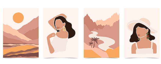 Colección, de, contemporáneo, plano de fondo, conjunto, con, mujer, montaña, sol., Editable, vector, ilustración, para, sitio web, invitación, postal, y, cartel