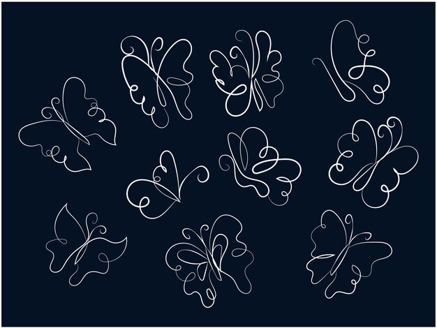 Colección de contornos de mariposas planas lineales