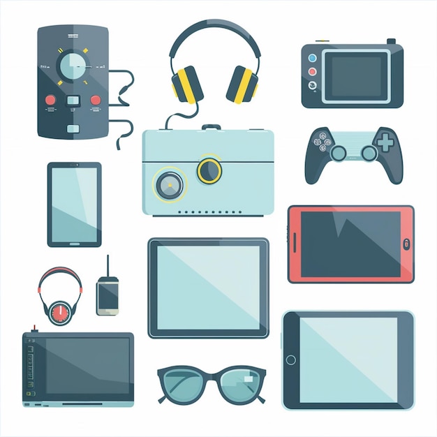 una colección de controladores de videojuegos y un par de auriculares