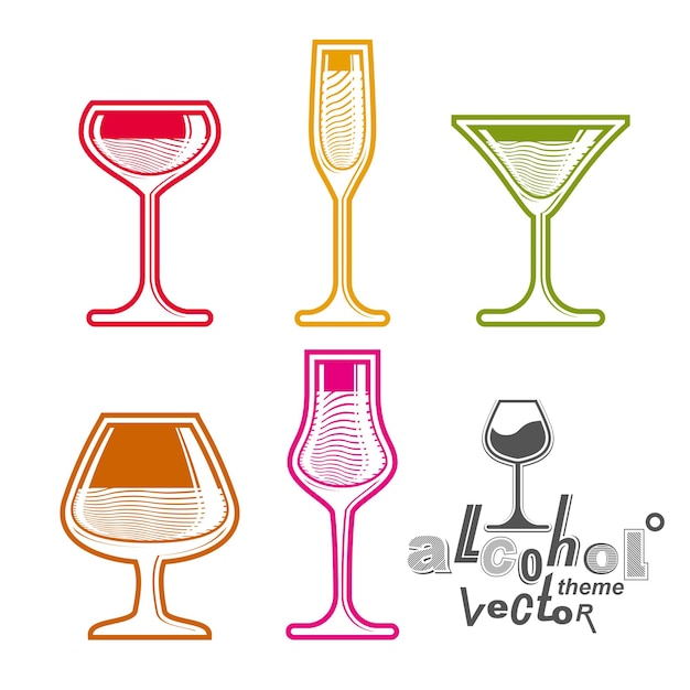 Colección de copas de colores: martini, vino, coñac, whisky y champán. alcohol tema eps8 ilustraciones creativas. elementos de entretenimiento, mejores para uso en diseño gráfico y web.