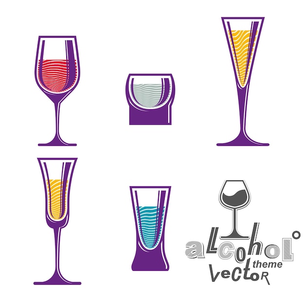 Colección de copas de colores: martini, vino, coñac, whisky y champán. alcohol tema eps8 ilustraciones creativas. elementos de entretenimiento, mejores para uso en diseño gráfico y web.