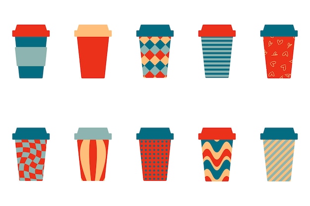 Colección de copas de comida para llevar de papel plástico geométrico, copas vectoriales dibujadas a mano, ilustración plana simple aislada sobre un fondo blanco