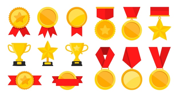 Colección de copas de medallas de oro premios y trofeos con cinta roja medallas de campeón para ganadores ilustración vectorial