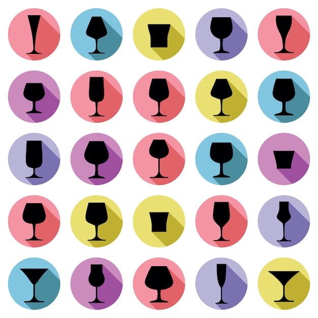 Colección de copas, vector martini, copa de vino, coñac, whisky y champán. Ilustraciones simples del tema del alcohol, elementos de diseño de estilo de vida. Copas diferentes.